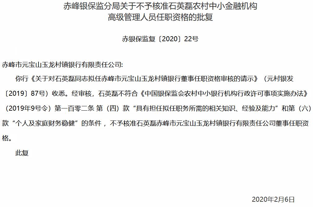 财务状况不稳健 赤峰市元宝山玉龙村镇银行董事石英磊任职被否